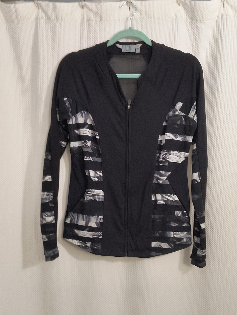 Athleta Black Bomber Jacket with Monochrome Panel Print Womans